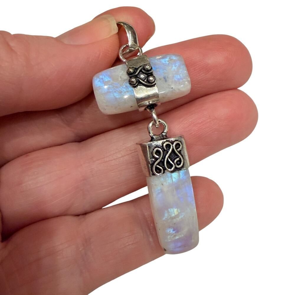 Long Drop Rainbow Moonstone 925 Silver Plated Pendant